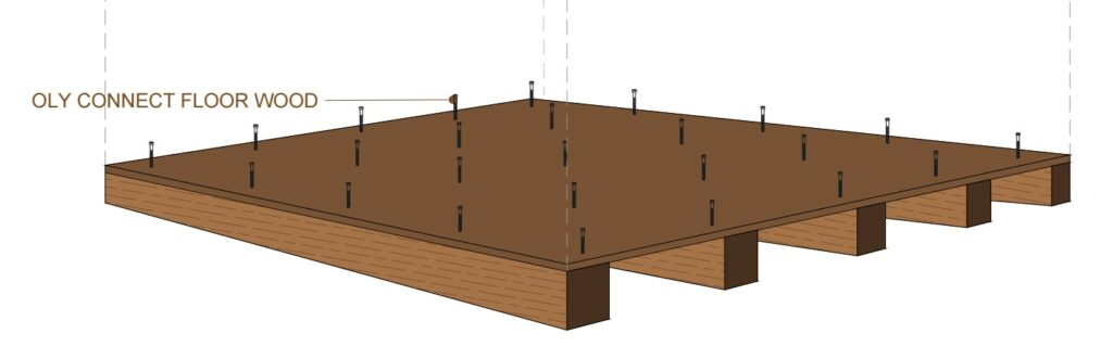 Instalación de conectores OLY CONNECT FLOOR WOOD en viga de madera antigua.