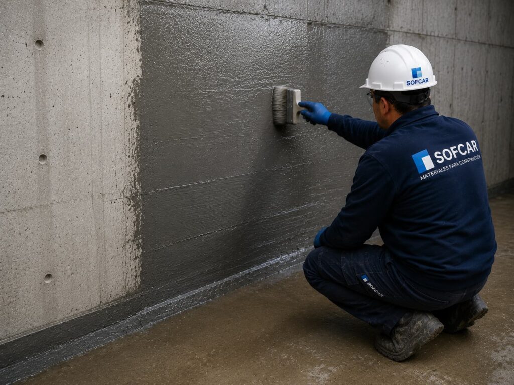 Aplicación de sistema de impermeabilización estructural sobre muro de hormigón en sótano para protección frente a filtraciones y humedad.