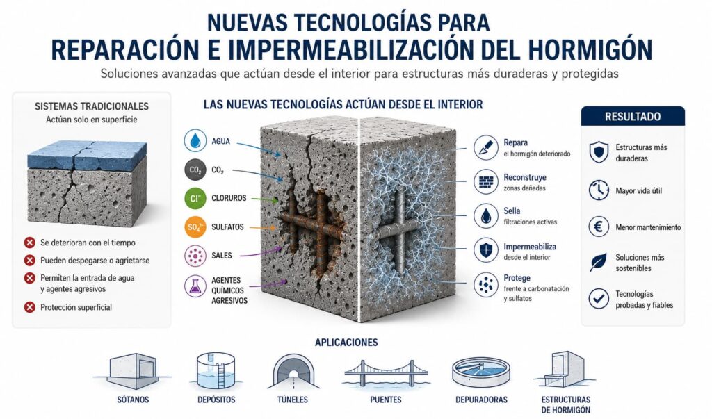 Reparación e impermeabilización del hormigón mediante tecnologías cristalinas y morteros estructurales avanzados.