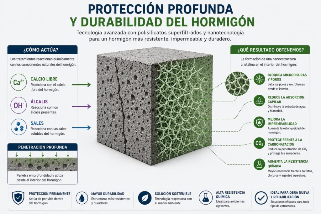 Protección profunda y durabilidad del hormigón mediante tecnología cristalina que bloquea poros, microfisuras y reduce la absorción capilar.